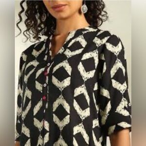 Fusion Black & Ivory Geometric Print Tunic Top | XXL